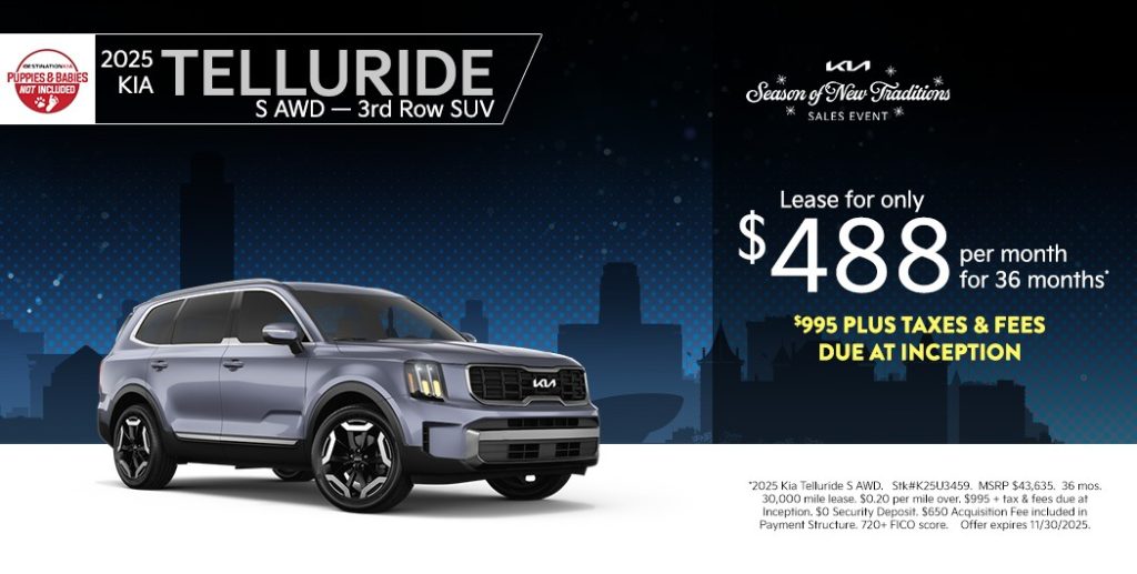 2025 Kia Telluride S AWD – $488/Month for 36 Months | $995 + Tax & Fees at Signing